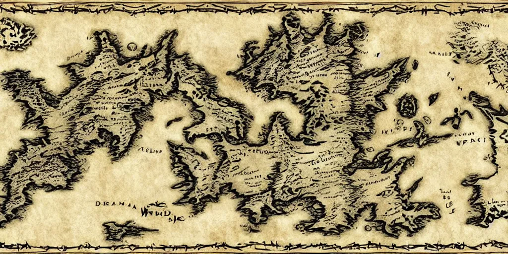 Image similar to Map of the realm of the wolf crew. a continent in the shape of a wolf's face. Ancient magic, medieval fantasy map, mountains, islands, forests. Map-style Skyrim, Lord of the rings map, zelda breath of the wild map, video game style, drawing on a parchment