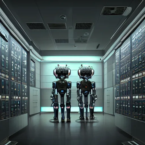 Image similar to a digital art of robot power armor in server room by simon stalenhag character design, robot in data center, trending on artstation, 8 k, ultra wide angle, zenith view, pincushion lens effect