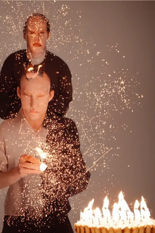 Image similar to margiela campaign featuring artist ben schumacher blowing out all the candles on the birthday cake, sparklers, realistic vfx simulation