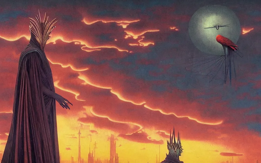 Image similar to realistic detailed portrait movie shot of a birdman wearing dark robes, futuristic city sunset landscape background by denis villeneuve, amano, yves tanguy, alphonse mucha, ernst haeckel, max ernst, roger dean, rich moody colours