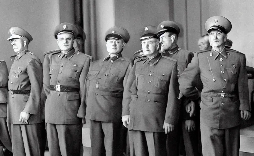 Image similar to 50s movie still of very diverse soviet generals officers marshal and politics head with very detailed faces in a stalinist parlement, by Alexei Guerman, Cinestill 800t 35mm black and white, heavy grainy picture, very detailed, high quality, 4k, HD criterion, precise texture, diverse faces, diverse haircuts, diverse ages, precise faces
