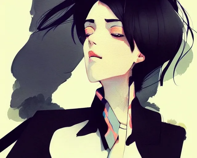 Image similar to a ultradetailed beautiful panting of a stylish woman wearing a shirt with a tie, she has black hair, by conrad roset, greg rutkowski and makoto shinkai, trending on artstation