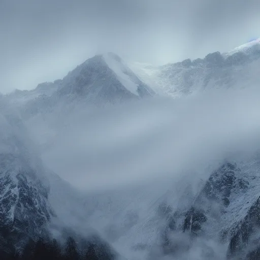 Prompt: misty snowey mountain, glowing letter v embedded in peak, foggfy, cloudy, 8 k, digital art station, professional art, cracked mountain, thunder clouds,