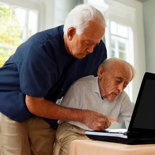 Image similar to casket with elderly man who is browsing internet on laptop from a casket