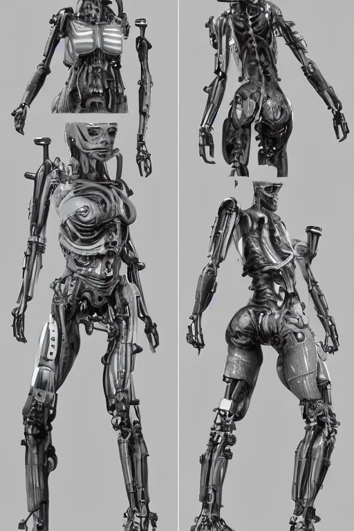 Image similar to cyclops!! cyborg female with gunmetal grey skin, medical anatomy, cyberpunk face, highly detailed, japanese, mecha asthetic, mechanical implants, three - perspective / three - view reference sheet ( front / back / side ), in the style of dan ouellette, dren from splice, hr giger, sil from species, artstation, unreal engine