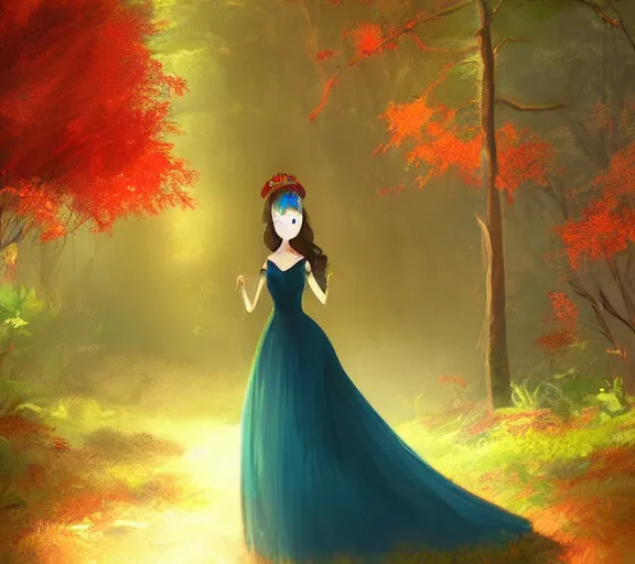 Image similar to a princess looking at a glowing crown, she is wearing a red dress and walking in a forest, digital painting, hd, anime art, smooth, Rutkowski Greg, Tran Ross