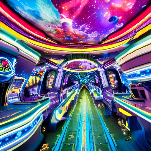 Prompt: photograph of an intergalactic amusement park