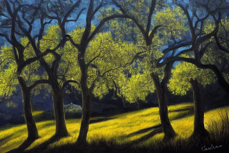 Image similar to masterpiece painting of oak trees on a hillside overlooking a creek, dramatic lighting, by charles santore