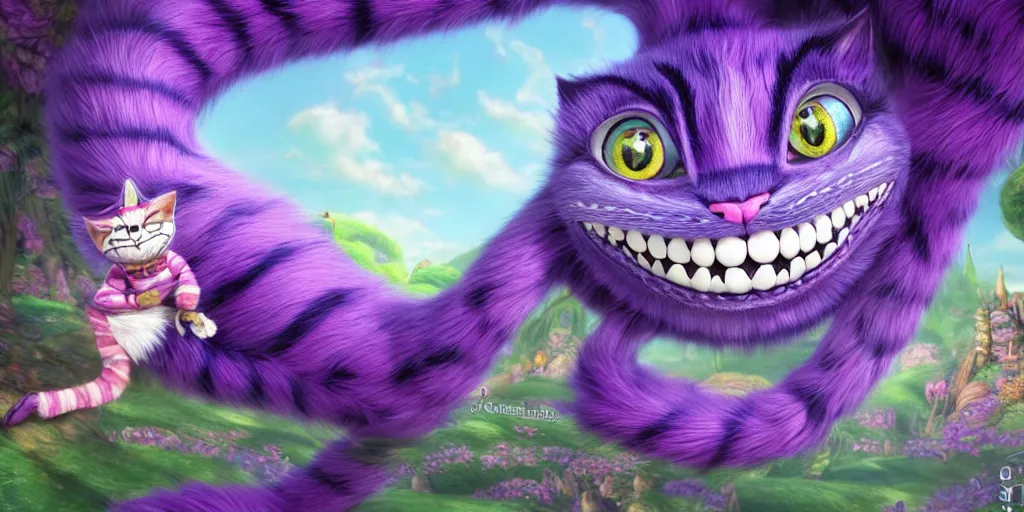 Image similar to The Cheshire Cat, Alice in wonderland, colorful, wide angle, super highly detailed, professional digital painting, artstation, concept art, smooth, sharp focus, no blur, no dof, extreme illustration, Unreal Engine 5, Photorealism, HD quality, 8k resolution, cinema 4d, 3D, beautiful, cinematic, art by artgerm and greg rutkowski and alphonse mucha and loish and WLOP