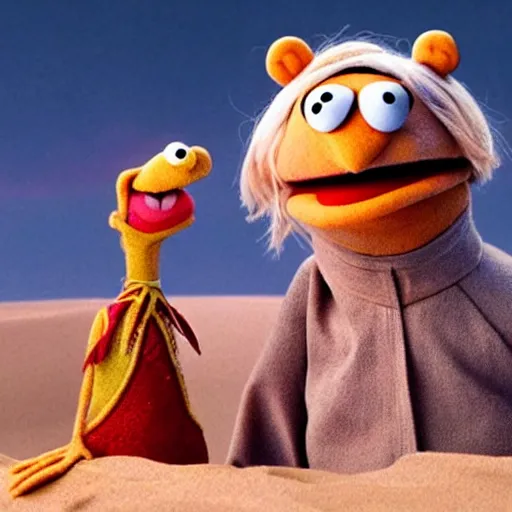 Image similar to The muppets in Dune (2021) dynamic action battle, highly textured, hyperrealism, god rays, award winning, gritty