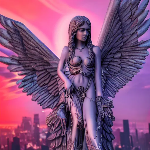 Image similar to gorgeous gothic angel in a neon city, masterpiece render, extremely detailed