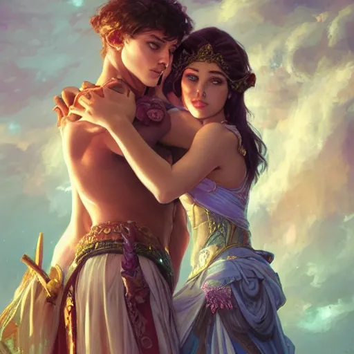 Image similar to a young couple hugging each other in a retrowave environment, D&D, fantasy, intricate, elegant, highly detailed, digital painting, artstation, concept art, matte, sharp focus, illustration, hearthstone, art by Artgerm and Greg Rutkowski and Alphonse Mucha