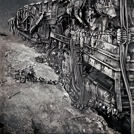 Prompt: boxcar made of human flesh and bone, biomechanical railroad, highly detailed, War Photography, by H.R. Giger