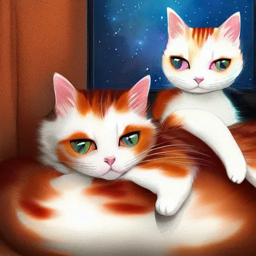 Image similar to two cute calico cats sleeping inside a cozy home in the evening, two multi - colored calico cats, artstation, cgsociety, storybook art