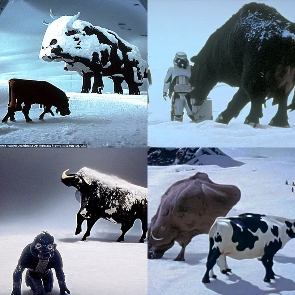 Prompt: a giant cow attacked by snow speeders in the movie Star Wars The Empire Strikes Back