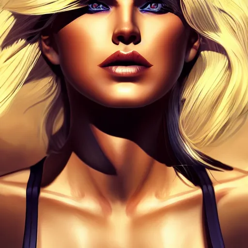 Image similar to a stunning upper body portrait of a beautiful woman with bleach blonde hair blowing in the wind by marvel comics, digital art, trending on artstation