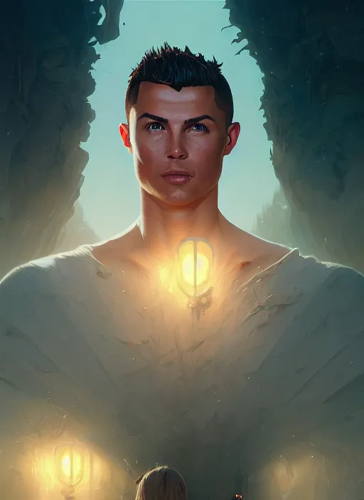 Image similar to highly detailed portrait of ronaldo phenomenal, stephen bliss, unreal engine, fantasy art by greg rutkowski, loish, rhads, ferdinand knab, makoto shinkai and lois van baarle, ilya kuvshinov, rossdraws, tom bagshaw, alphonse mucha, global illumination, detailed and intricate environment