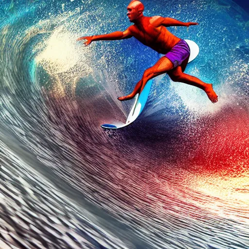 Image similar to kelly slater, psychedelic surfing, octane render, 8k, ultra detailed, iso 100