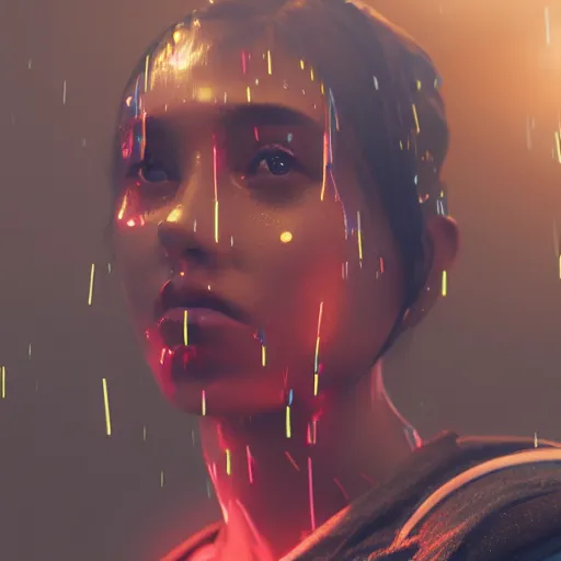 Image similar to human portrait formed out of rain, beautiful, neon, epic detail, galactic background, rendered in octane, unreal engine, realistic