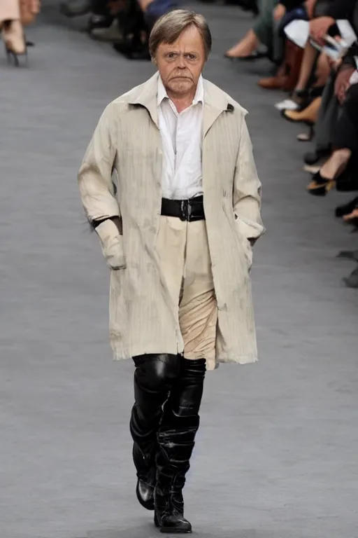 Image similar to a 2 3 - year - old mark hamill models for chanel, on the runway, fashion photoshoot, full body, highly detailed, incredible color grading, chanel boots