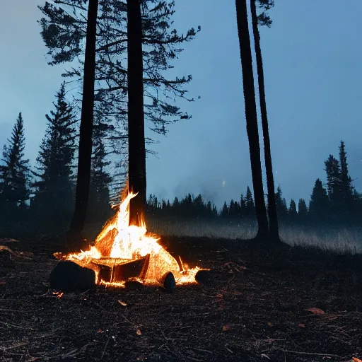 Prompt: a photo of a nighttime scene with a fire illuminating the trees