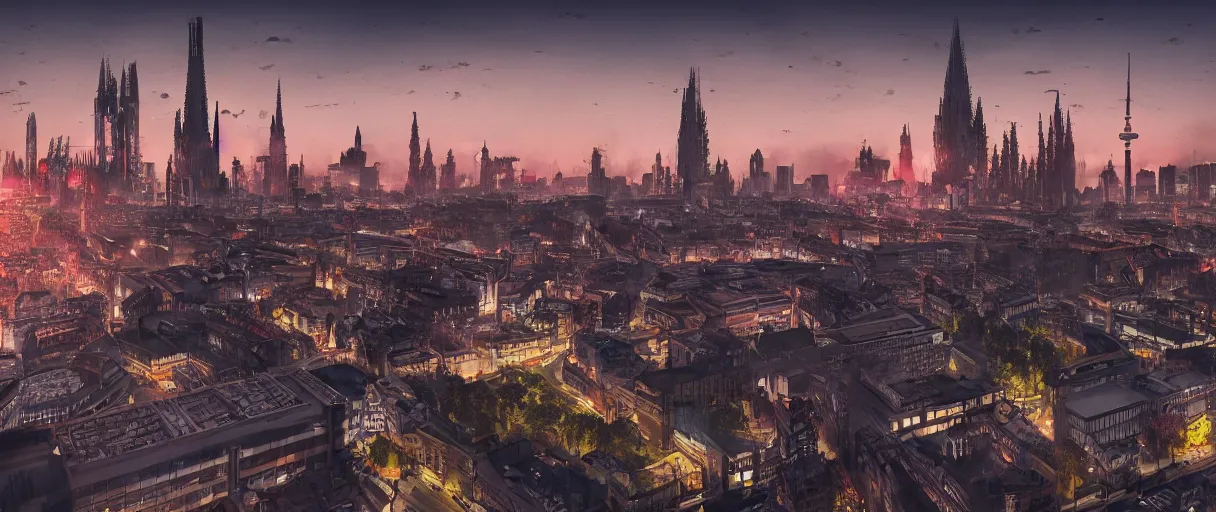 Prompt: digital concept art of dystopian, gothic berlin, high quality, high detail, in the style of Ian Hubert, megacity surrounded by huge impenetrable walls, large hero buildings in the middle towering above the others, tram stations, metro, vivid colours, sunset time, blender render