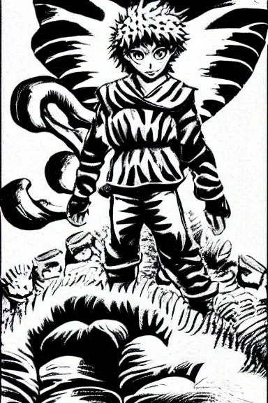 Image similar to attractive salvage little boy in lion suit, black and white artwork made by kentaro miura and yoshihiro togashi