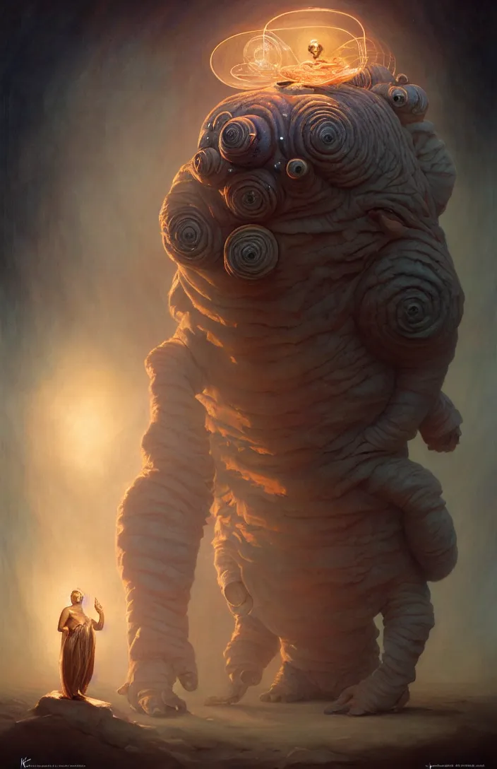 Image similar to a portrait of a tardigrade standing with the gods of the tardigrades, by karol bak, james jean, tom bagshaw, rococo, sharp focus, trending on artstation, cinematic lighting, hyper realism, octane render, 8 k, hyper detailed, vivid, ultra detailed, highly detailed