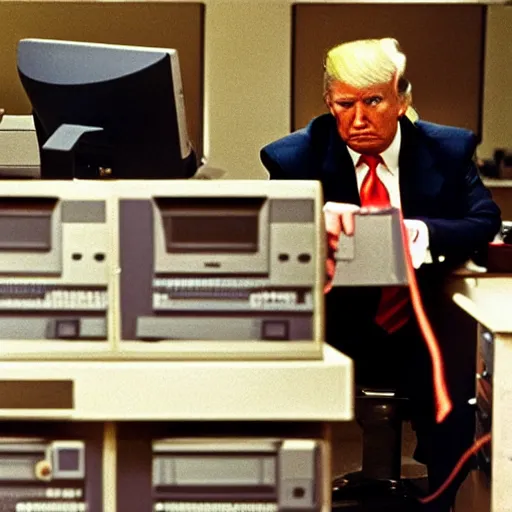 Image similar to candid color photo of Donald Trump sitting at a bank of very complicated, 1970's looking computers (designed by gucci ) working through the night in his theoretical physics lab with his old nemesis george lucas. They are both frustrated at not having cracked the theorem. photo by annie leibowitz