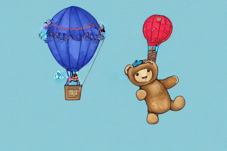 Prompt: a small teddy bear is flying on inside a huge blue hot air balloon, several clouds on light blue background, cartoon illustration, invitation card, handwriting title on the left, highly detailed, flat water color texture, graphic design contest winner, poster template on Canva