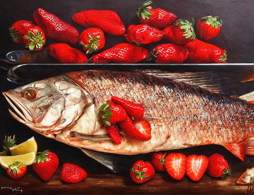 Prompt: a grilled whole fish served with strawberries. this oil painting by the award - winning mangaka has a beautiful composition, great sense of depth, dramatic lighting and intricate details.