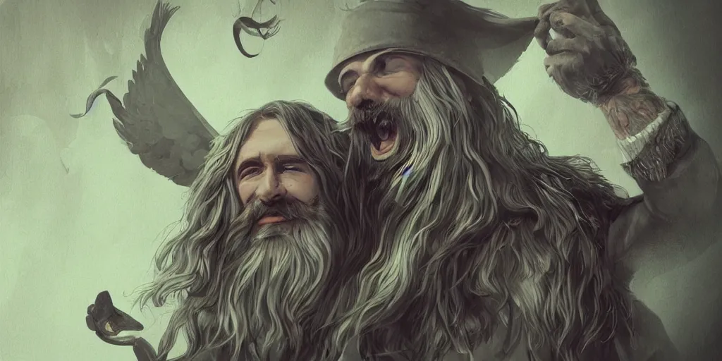 Image similar to beard, bard, wings, trippy, weird, artstation, realistic