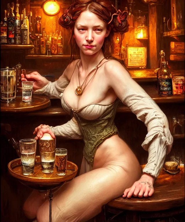 Prompt: hyperrealistic character portrait of a beautiful barmaid, dimly lit cozy tavern, relaxed pose, medieval d&d mood, intricate, wild, highly detailed, digital painting, artstation, concept art, smooth, sharp focus, illustration, art by Tim Okamura and Gerald Brom, perfect facial symmetry, vibrant deep colors, intricate, epic composition, grim yet sparkling atmosphere, cinematic lighting + masterpiece, trending on artstation