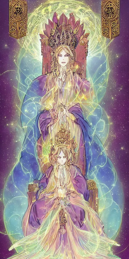 Image similar to a mystical woman priestess sitting on a throne, the divine feminine, drawn by studio UFOTABLE, pastel colors, Tarot cards. The empress tarot card, detailed, anime