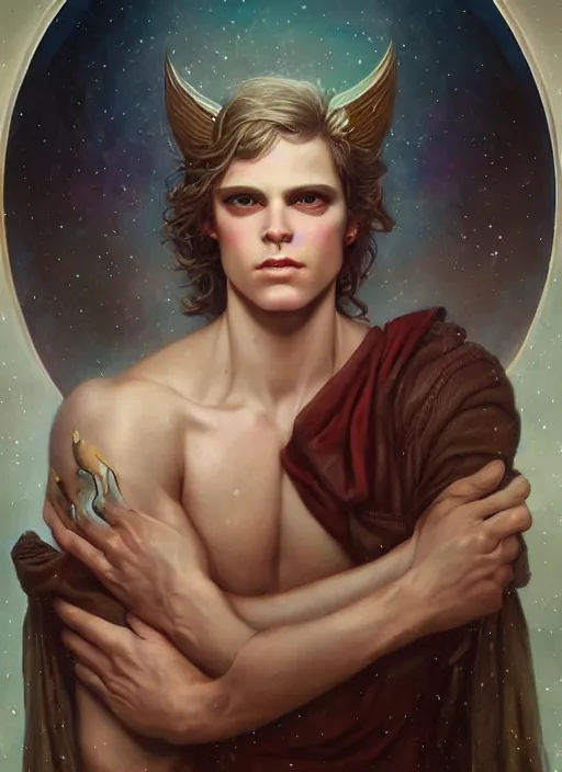 Image similar to a magical portrait of the young god of masculinity, art by tom bagshaw and greg danton and manuel sanjulian