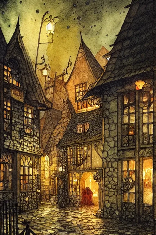 Image similar to medieval tavern exterior rainy night, shingled roof, dark alleyway, fantasy, intricate, elegant, highly detailed, digital painting, artstation, concept art, matte, sharp focus, illustration, art by kay nielsen and walter crane, illustration style, watercolor