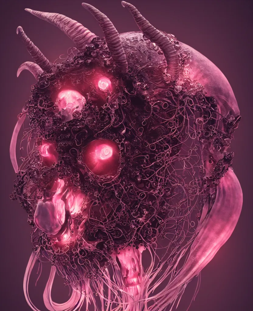 Image similar to goddess close-up portrait goat skull. jellyfish phoenix head, nautilus, orchid, skull, betta fish, bioluminiscent creatures, intricate artwork by Tooth Wu and wlop and beeple. octane render, trending on artstation, greg rutkowski very coherent symmetrical artwork. cinematic, hyper realism, high detail, octane render, 8k