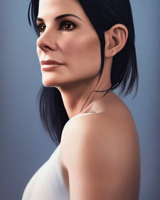 Image similar to painterly portrait, Sandra Bullock, fantasy, pascal blanch:7, james gurney:7, unreal engine:-1, cinematic light:7, 4k octane render:-1, trending on artstation:7, pinterest, full face, symmetrical face, volumetric lighting, deviantart