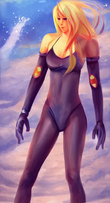 Prompt: Samus Aran\'s casual day at the beach, high quality digital art by Sakimichan, trending on ArtStation, absurdres