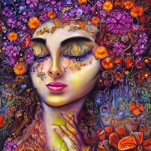 Image similar to a painting of a woman's face surrounded by flowers, a surrealist painting by josephine wall and ( ( ( alice mason ) ) ), deviantart, psychedelic art, psychedelic, biomorphic, detailed painting