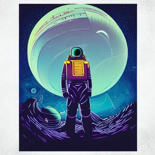 Image similar to glowing astronaut inspired by René Laloux, Dan Mumford, stars, cinematic