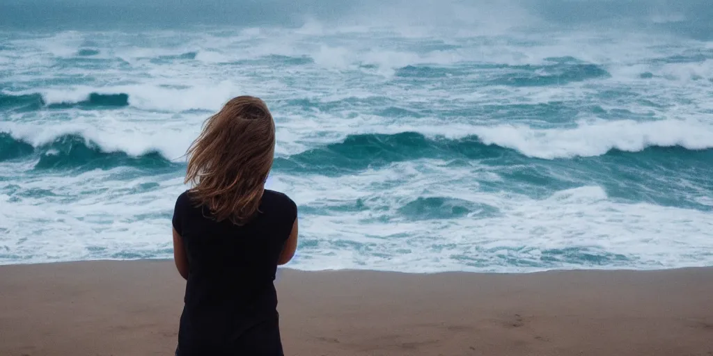 Image similar to girl looking at the ocean waves, superwide angle, zoom out, Leon Bosko style