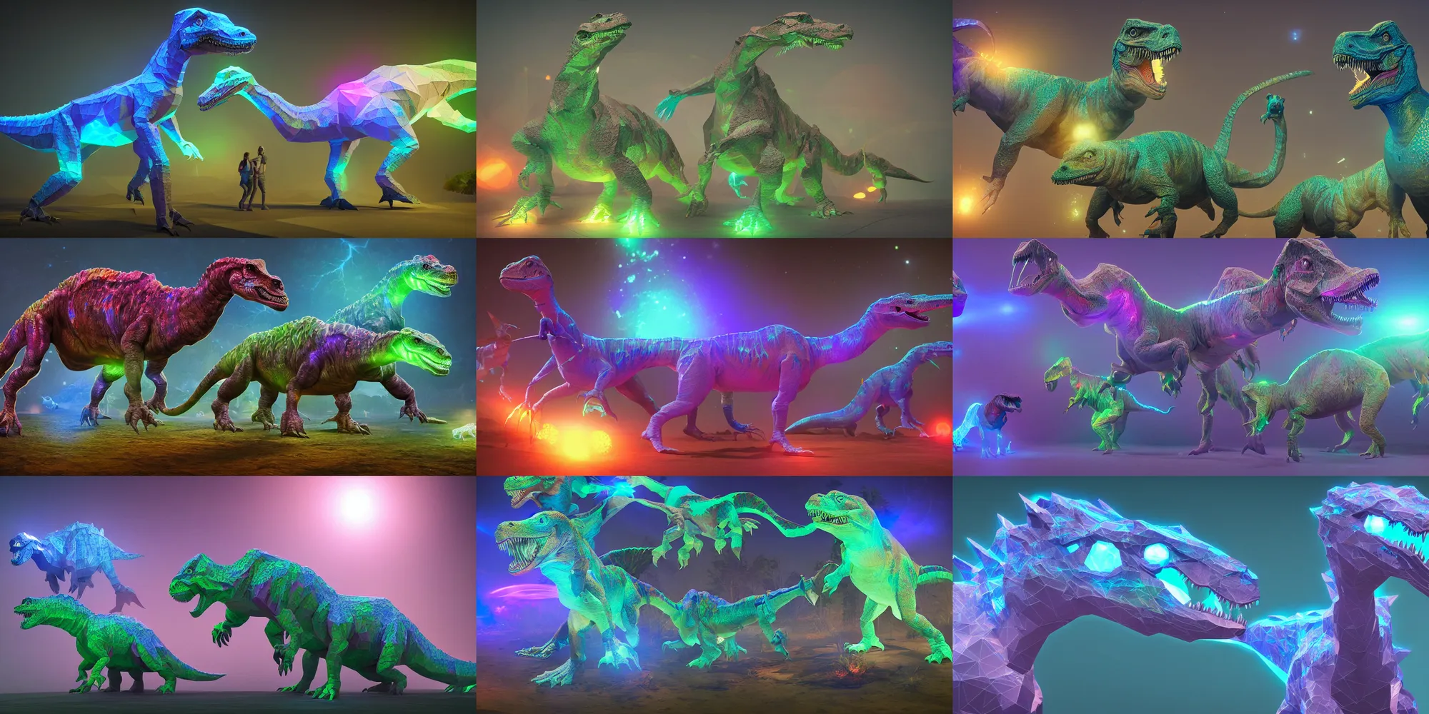 Prompt: low - poly glowing holographic dinosaurs, fantasy, digital art, soft lighting, medium close up, highly detailed, 4 k