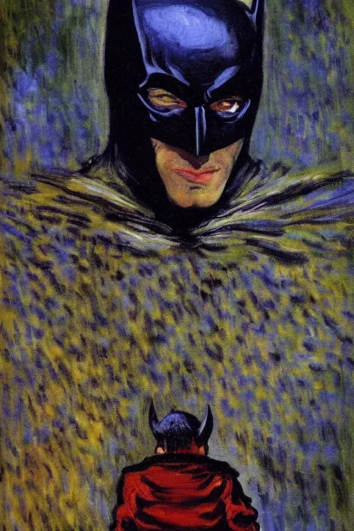 Prompt: Batman portrait impresionism painting by Claude Monet, night