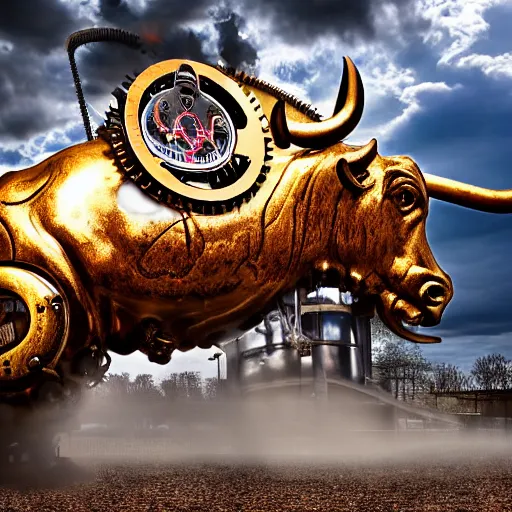 Prompt: a clockwork mechanical bull there are gears sticking out of the bull steam emanates from the bull and thick clouds of steam swirl around the bull, ultra high detail, high particle effects, highly reflective surface, realistic reflections