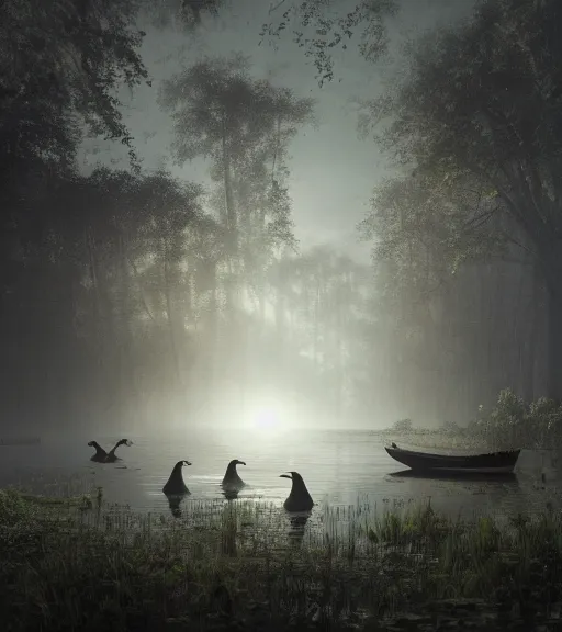 Prompt: three crows in a little boat in a swamp at night, volumetric lighting, fog, majestic light, octane render, ethereal glare of the sun, hyperrealistic, epic, masterpiece, by greg rutkowski