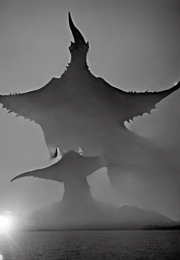 Image similar to North korean kaiju starfish/bull style monster, kaiju-eiga, thriller, monochrome, film grain, flare, backlit