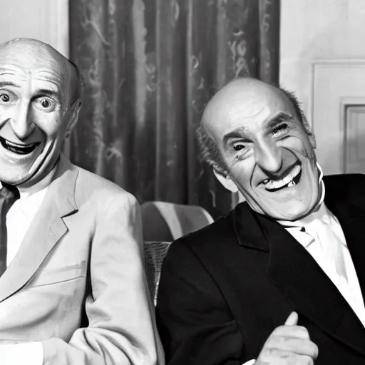 Prompt: Bourvil and Louis de Funès laughing out loud