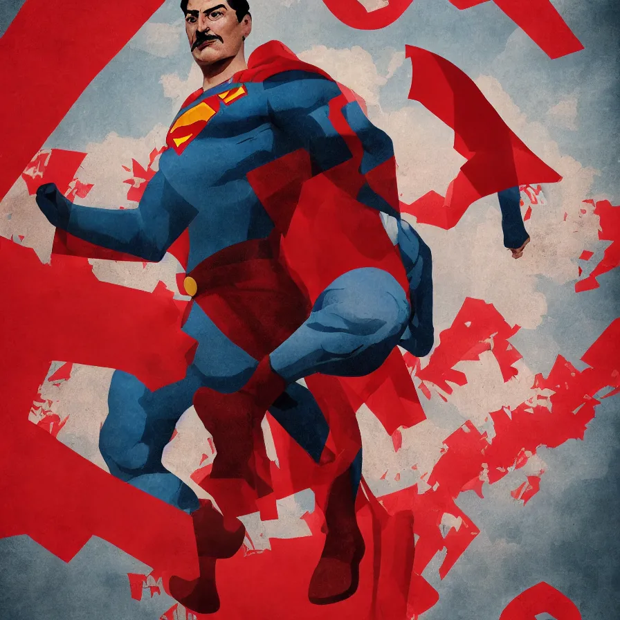 Image similar to stalin as superman, red son, socialist realism, sovietwave aesthetic, hammer and sickles, hyperrealism, ultra detailed, intricate digital art, trending artstation, 8 k, unreal 5, octane render, vfx, volumetric lighting, rich moody colors, fan art, concept art