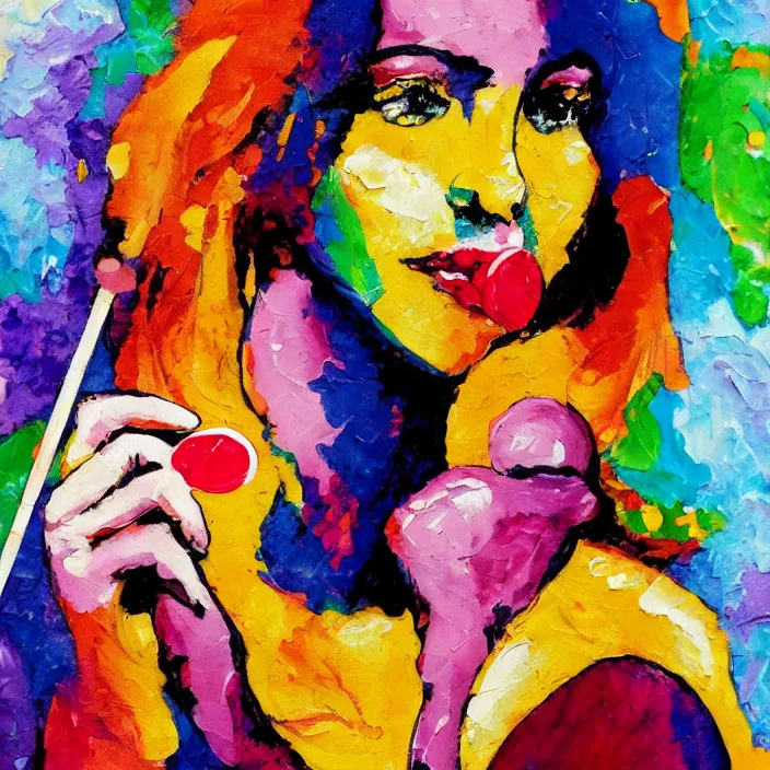 Image similar to portrait of beautiful woman licking a lollipop painted with colorful gouache impasto